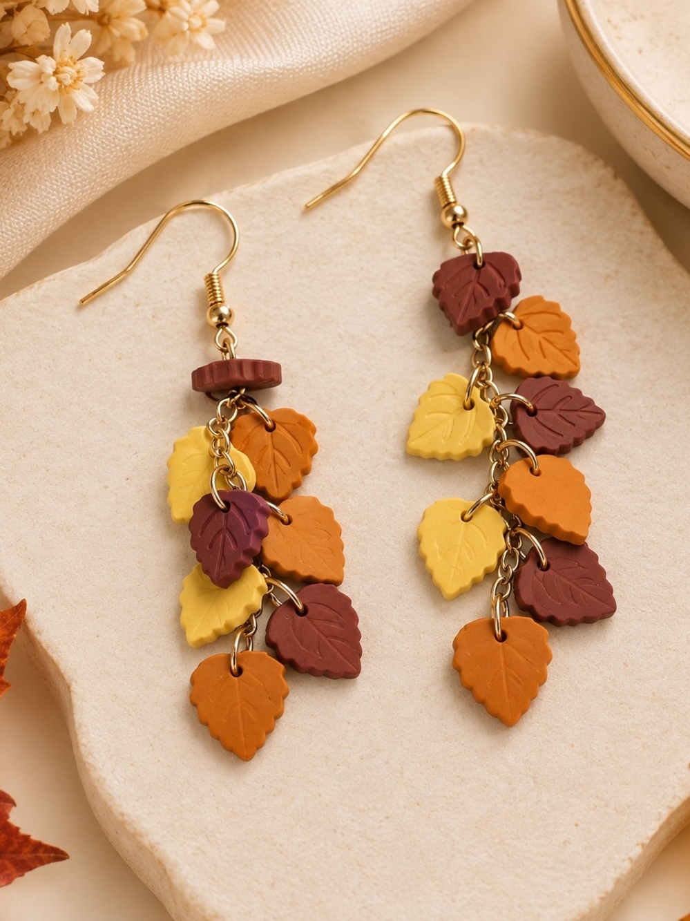 Handmade Autumn Leaf Dangle Earrings - Yellow, Orange, Brown